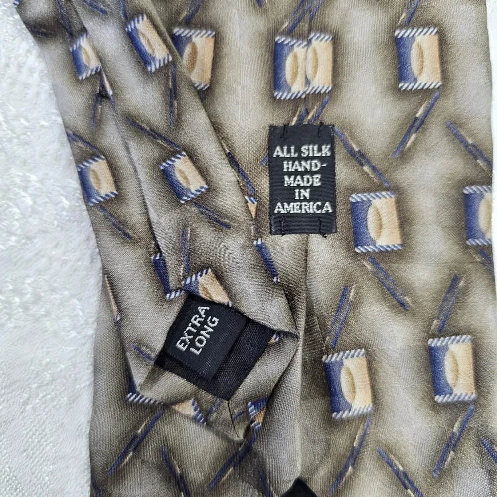 J.Z. Richards Nordstrom Mens Silk Tie Extra Long 63 Tan Blue Geometric USA